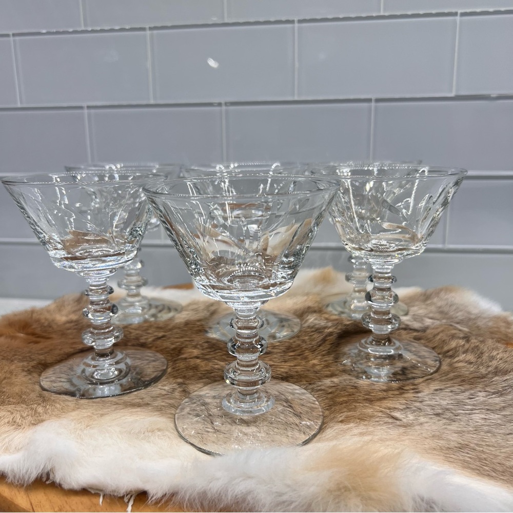 Vintage MCM 1940s Rock Sharpe Victoria Pattern Champagne Coupes 3-Ring Stem 6pc